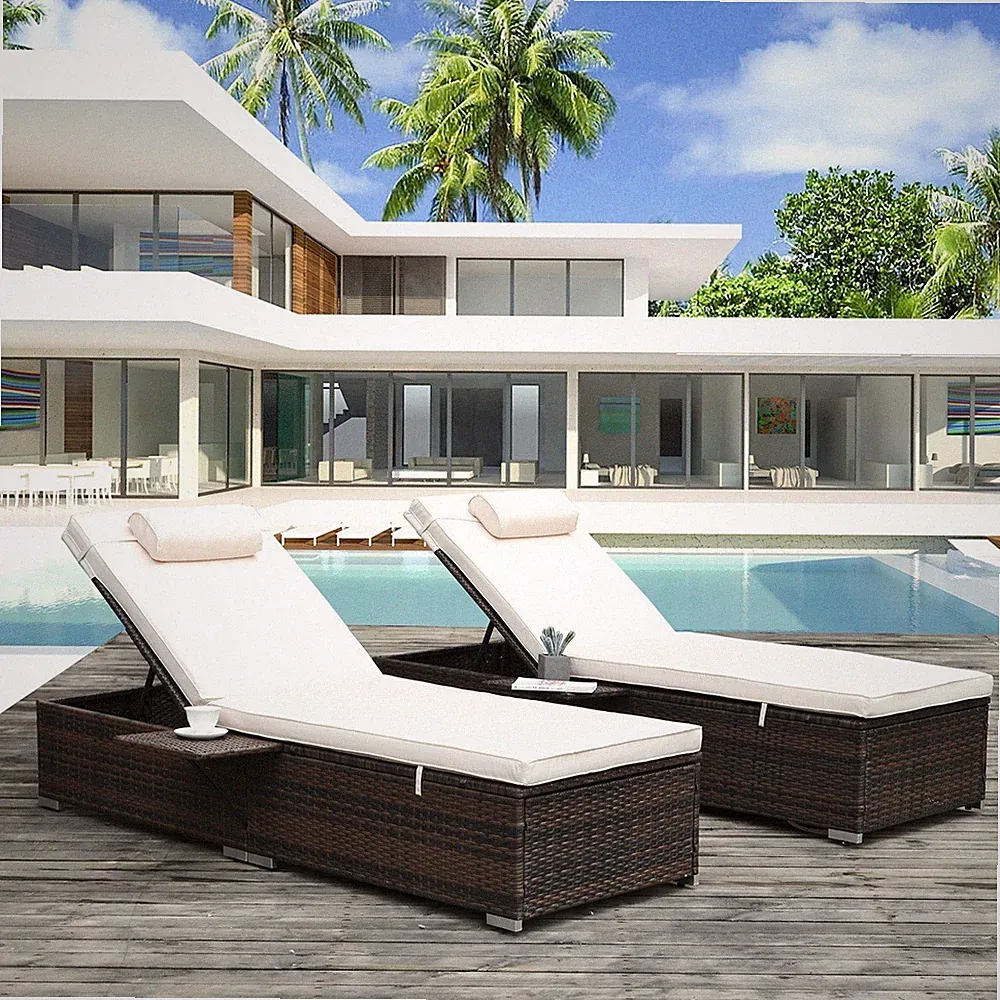 2PCS Outdoor Patio Lounge Chair W/Cushion Beach Pool Rattan Reclining Chair Set