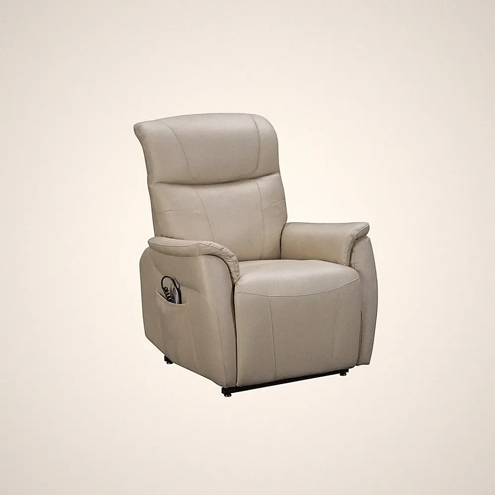 Beige Leather Power Lift Recliner with Power Head Rest & Lumbar Support