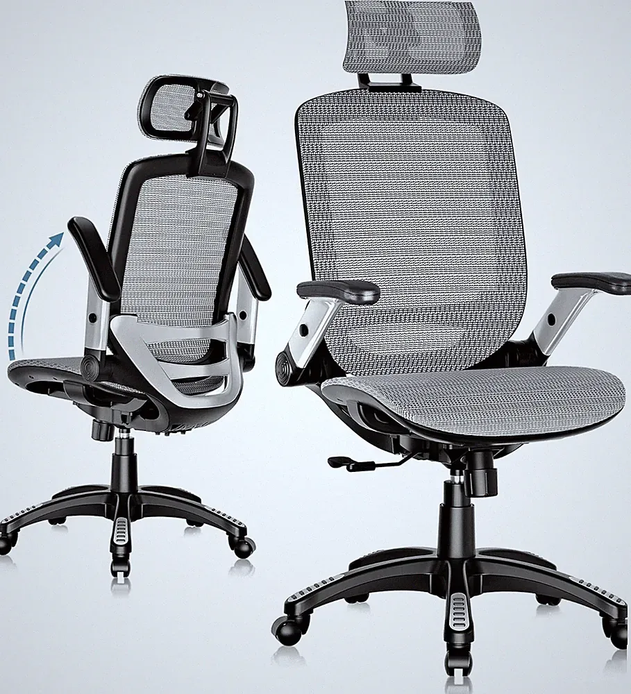 Ergonomic High Back Office Chair with Headrest and Flip-Up Arms, Grey