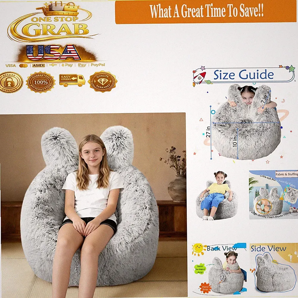 Kids Bean Bag Chair 2.5ft Plush Faux Fur Supportive Memory Foam Grey