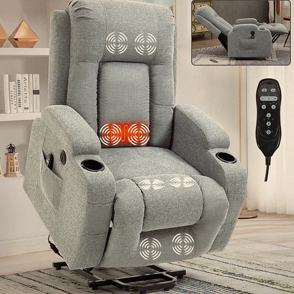Single Motor Power Lift Recliner Grey (350LBS) – 8-Point Massage+Lumbar Heat,USB